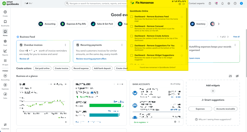 QuickBooks Online with Fix Nonsense popup